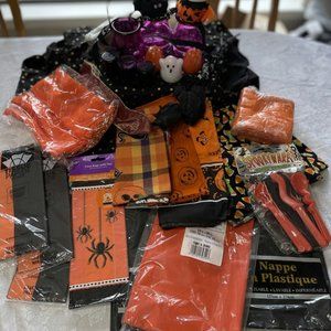 Halloween Party Tablecloths Cutlery Treat Bags Candles & Fabric Decor BUNDLE